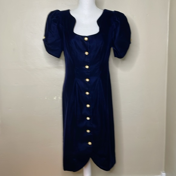 VINTAGE Cachet Velvet Dress Blue 80’s Glam Jewel Button Center Puff Sleeves 7/8 - Picture 1 of 15